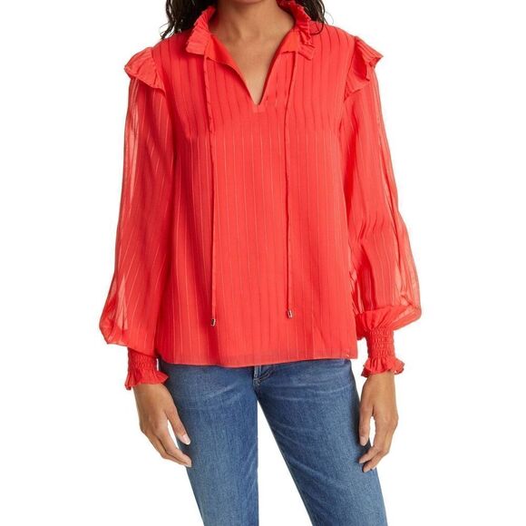 TED BAKER red orange ruffle collar pinstripe peasant blouse top size 0 X-small - Picture 1 of 6